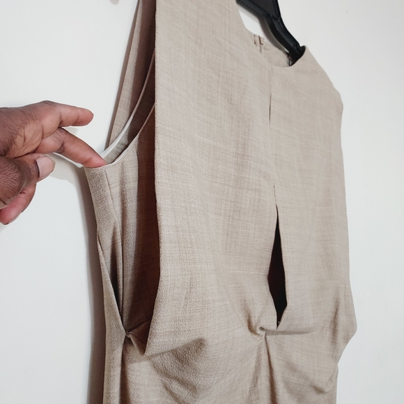 Zara ZW Collection  Elegant Tan Sleeveless Pleated Wool Blend Midi Dress Sz-XL - Picture 9 of 11